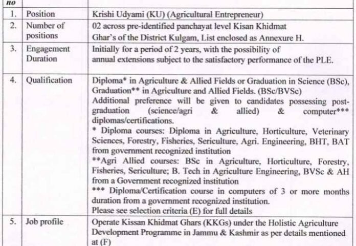 Recruitment Notice: Engagement of Krishi Udyamis (Agricultural Entrepreneurs) in Kulgam District