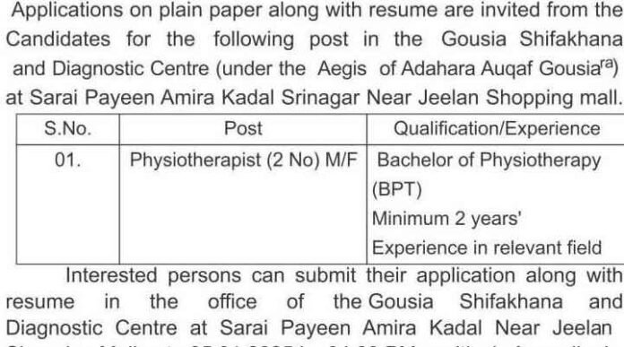Recruitment Alert: Physiotherapist Jobs at Gousia Shifakhana, Srinagar