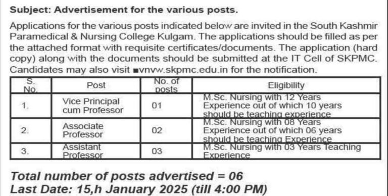 Recruitment Notification: Applications Invited for Academic Positions at South Kashmir Paramedical and Nursing College, Kulgam