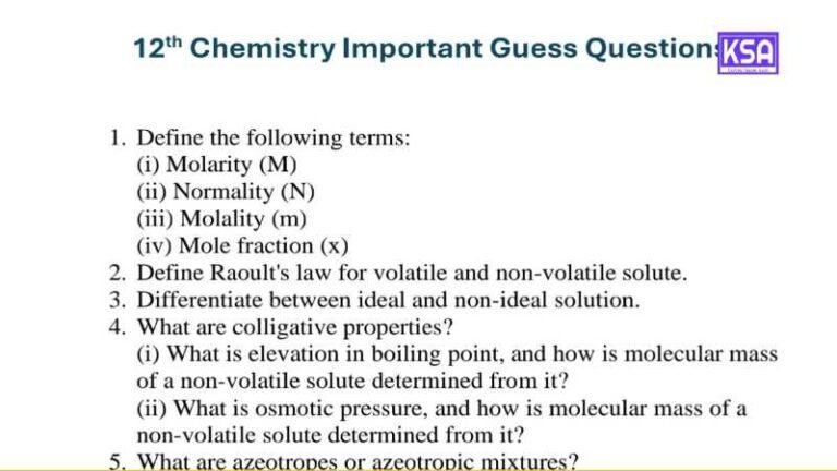 JKBOSE 12th Chemistry Important Guess Questions 2025