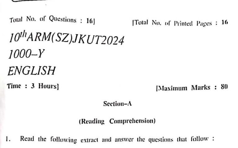 Download JKBOSE 10th English Previous Question Papers 2024