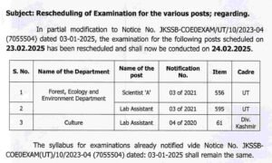 JKSSB Notice regarding Rescheduling of Examination for the various posts 1 JKSSB Notice regarding Rescheduling of Examination for the various posts.