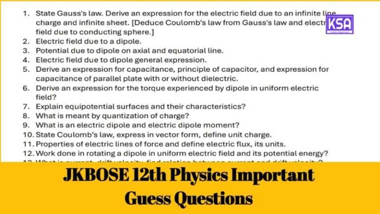 JKBOSE 12th Physics Important Guess Questions 2025 Download PDF