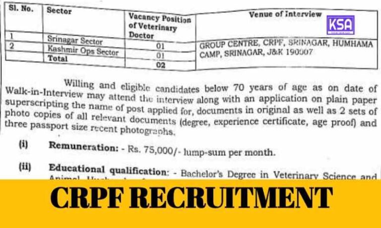 CRPF Recruitment 2025: Walk-in Interview for Veterinary Doctors | Salary Rs 75,000/- Per Month
