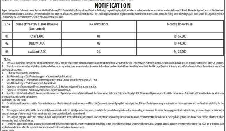District Legal Services Authority Shopian Invites Applications for Legal Aid Defense Counsel Positions