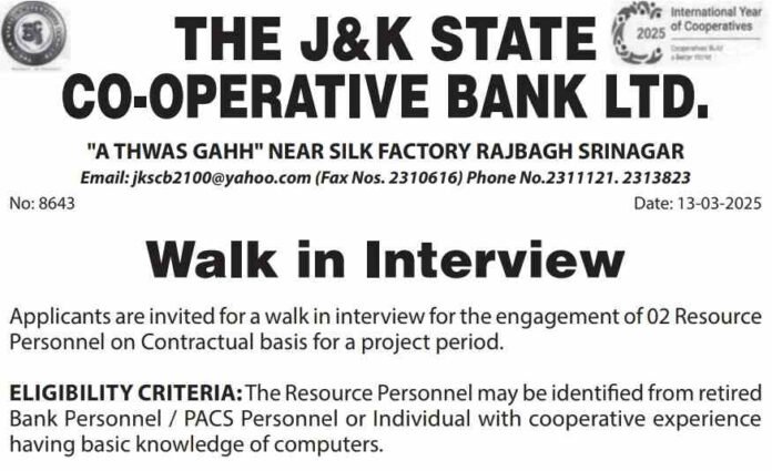 J&K State Co-Operative Bank Ltd Recruitment 2025, check details