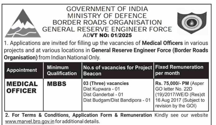 Recruitment Notification: Medical Officers in Border Roads Organisation (BRO) – 2025
