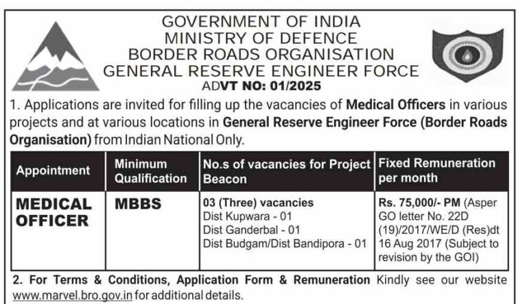 Recruitment Notification: Medical Officers in Border Roads Organisation (BRO) – 2025