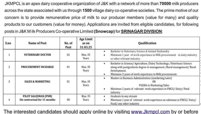 JKMPCL Recruitment 2025: 12 Vacancies for Veterinary Doctors, Procurement, Sales & Marketing, and Pilot Salesmen – Apply Now