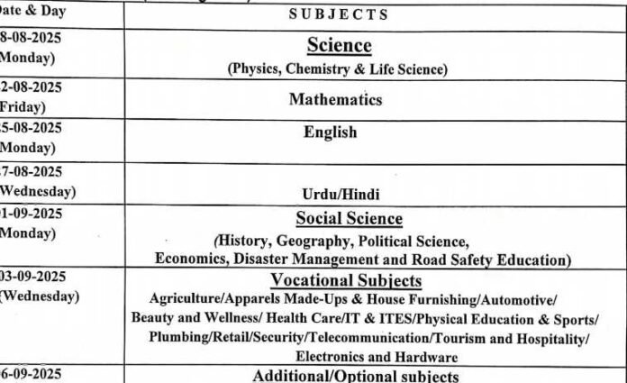 JKBOSE Class 10th Date Sheet 2025 (Private/Bi-Annual) - Jammu Kashmir
