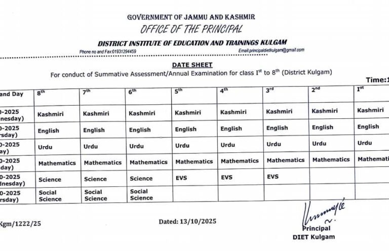 JKBOSE Class 1st to 8th Annual Exam Date Sheet 2025 – Download DIET Kulgam Exam Schedule PDF