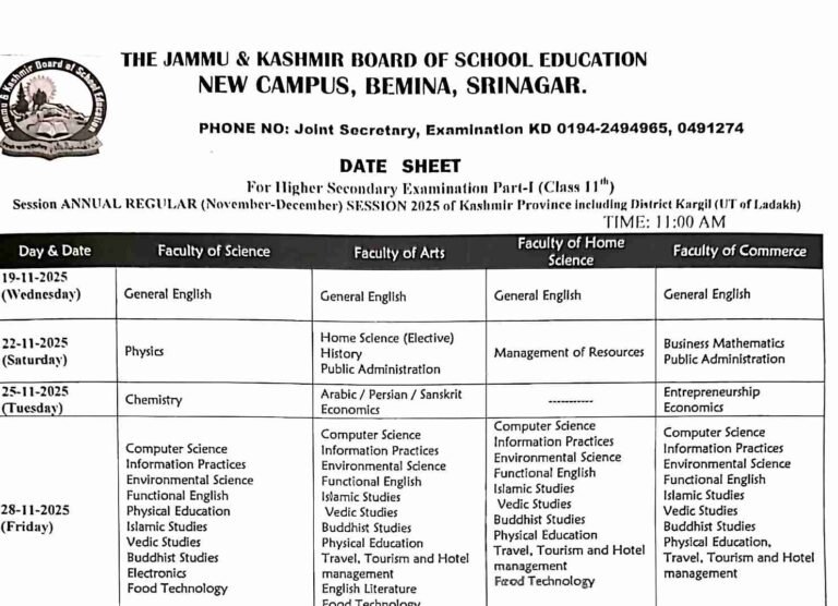 JKBOSE Class 11th Date Sheet 2025 for Kashmir Division – Download PDF