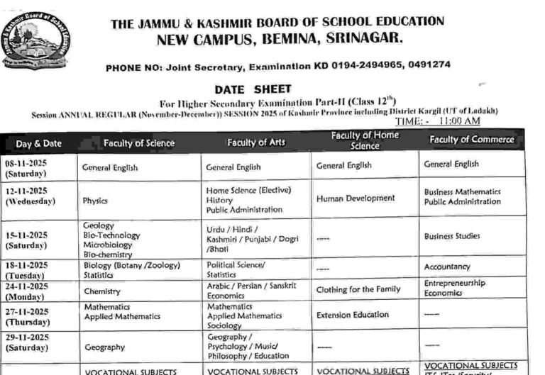 JKBOSE 12th Class Date Sheet 2025 Released for Kashmir Division (Annual Regular): Download PDF