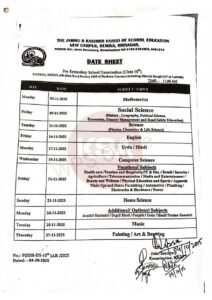 JKBOSE Class 10th Date Sheet 2025 Download @jkbose.nic.in