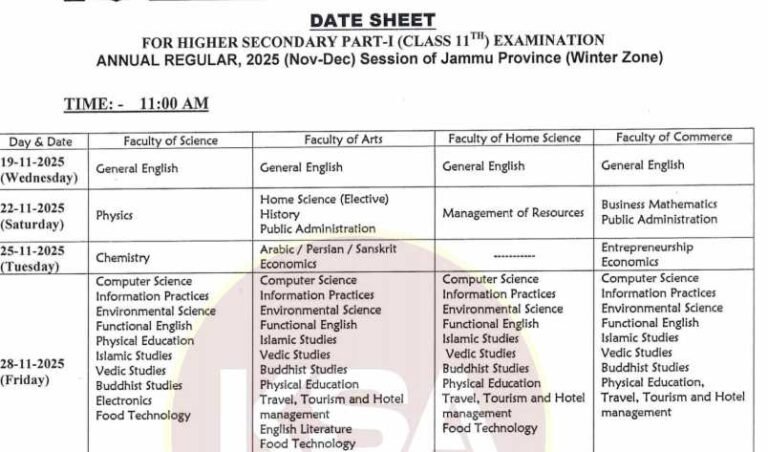 JKBOSE Date Sheet for Class 11th Annual Regular Examinations 2025 (Winter Zone, Jammu Division)