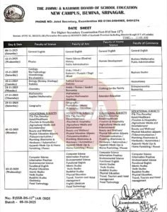 JKBOSE 12th Class Date Sheet 2025 Released for Kashmir Division (Annual Regular): Download PDF