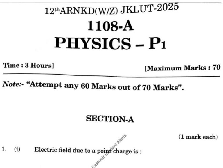 JKBOSE Class 12th Physics Question Paper 2025 – Download PDF & Analysis