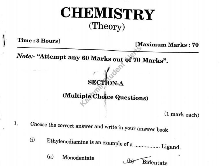 JKBOSE Class 12th Chemistry Question Paper Annual Regular 2025 PDF – Download Now (Jammu & Kashmir Winter Zone)