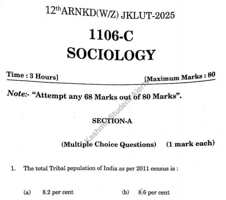 JKBOSE Class 12th Sociology Question Paper 2025 – Download PDF
