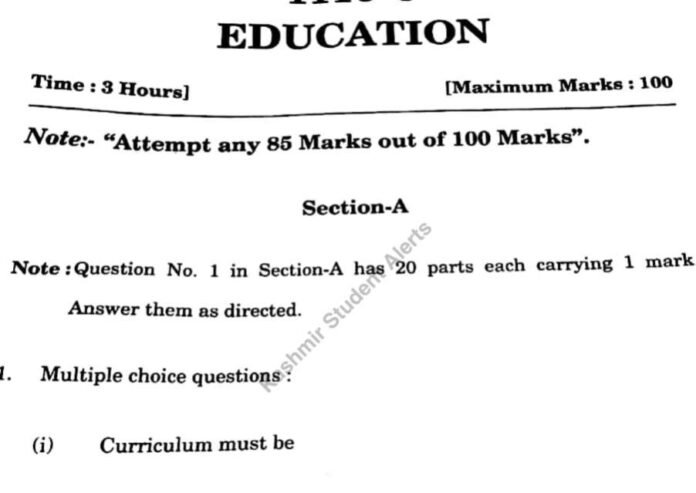JKBOSE Class 12th Education Question Paper PDF Download – Jammu & Kashmir Board, Annual Regular 2025
