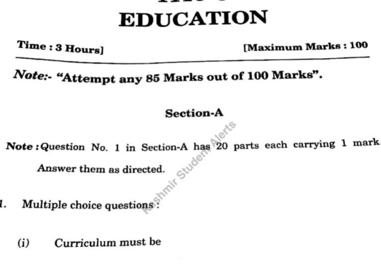 JKBOSE Class 12th Education Question Paper PDF Download – Jammu & Kashmir Board, Annual Regular 2025