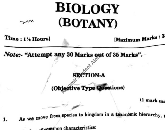 JKBOSE Today’s Class 11th Biology Question Paper – Annual Regular 2025 | Download PDF