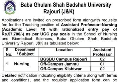 BGSBU Recruitment 2025: Assistant Professor & Tutor Nursing Posts  – Apply Till 26 December