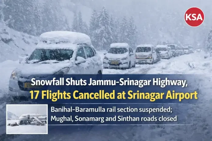 Heavy Snowfall Shuts Jammu–Srinagar Highway, Flights Cancelled, Halts Train Services