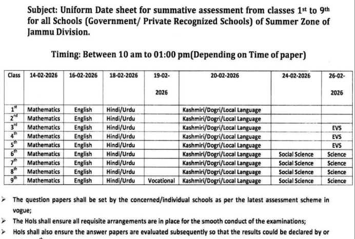 Jammu Summer Zone Schools Announce Uniform Date Sheet for Classes 1–9; Maths Exam Rescheduled to Feb 28, 2026