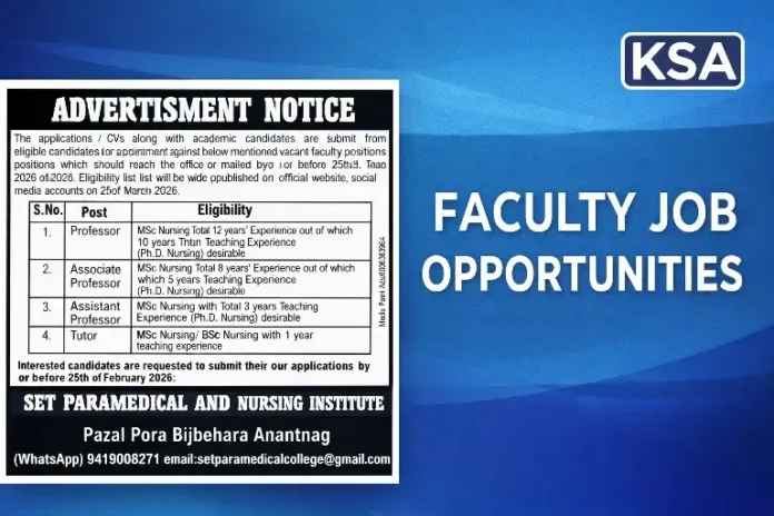 SET Paramedical and Nursing Institute Anantnag Recruitment 2026: Faculty Posts for Professor, Associate Professor, Assistant Professor & Tutor