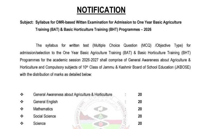 SKUAST Kashmir BAT & BHT Syllabus 2026 Released: Check Exam Pattern, Subjects & PDF Link