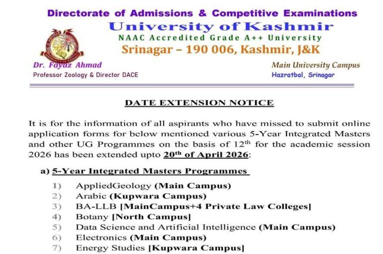 University of Kashmir Extends Admission Deadline for UG & Integrated Programmes 2026