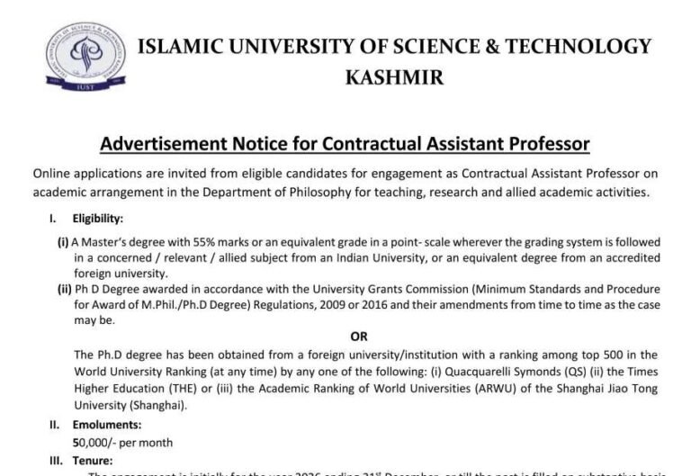 IUST Contractual Assistant Professor Recruitment 2026: Eligibility, Salary, Dates & Apply Online