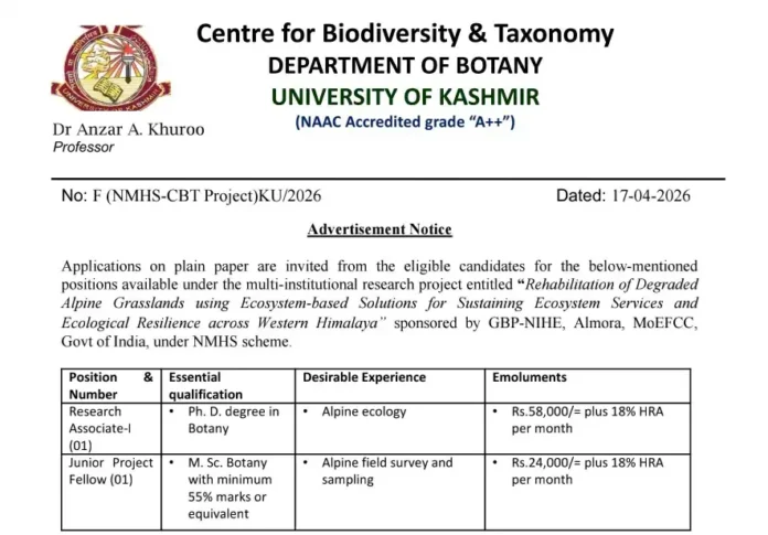 University of Kashmir Recruitment 2026: Apply for Research Associate & JRF Posts | Check Eligibility, Salary, Last Date