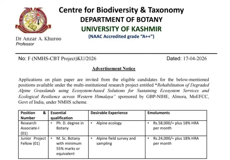 University of Kashmir Recruitment 2026: Apply for Research Associate & JRF Posts | Check Eligibility, Salary, Last Date