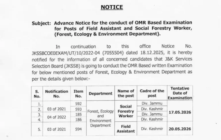 JKSSB OMR Exam 2026: Dates Announced for Field Assistant & Social Forestry Worker Posts