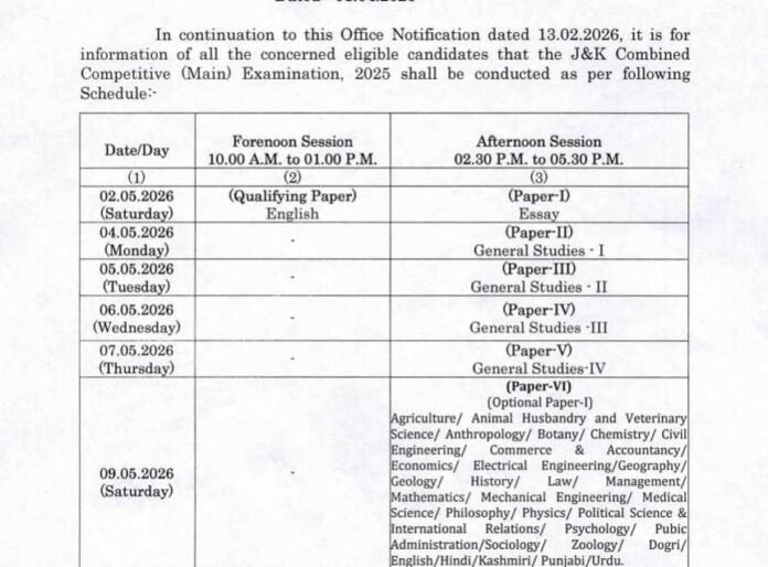JKPSC Date Sheet 2025 Released: Jammu & Kashmir Combined Competitive (Main) Examination Schedule, Admit Card & Important Details