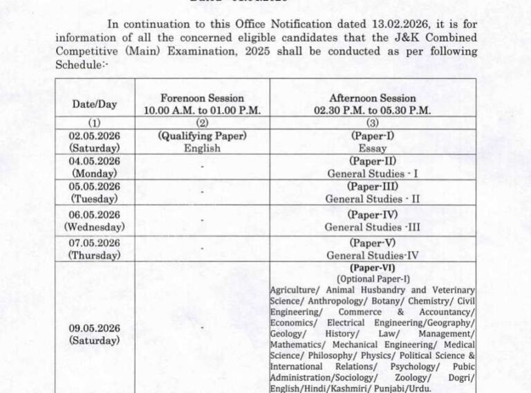 JKPSC Date Sheet 2025 Released: Jammu & Kashmir Combined Competitive (Main) Examination Schedule, Admit Card & Important Details