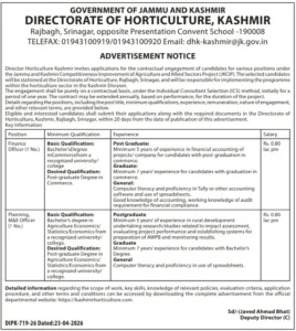 Directorate of Horticulture Kashmir Recruitment 2026: Apply for Finance Officer & Planning Officer Posts, Salary Rs 80,000/month