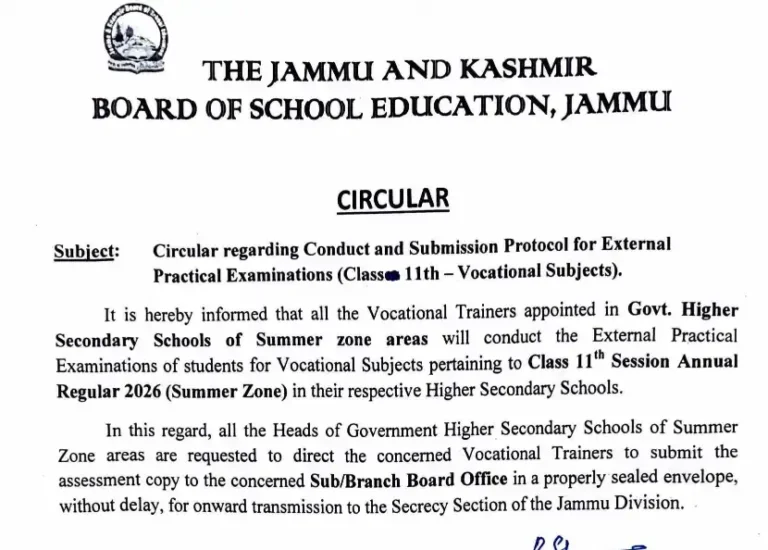 JKBOSE Issues Circular for Class 11 Vocational Practical Exams 2026 – Guidelines & Submission Process