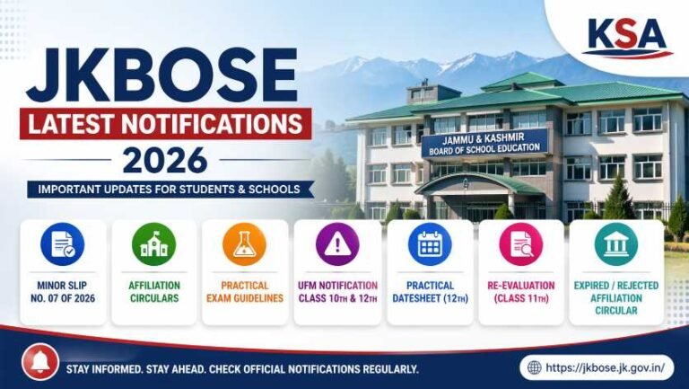 JKBOSE Latest Notifications 2026: Minor Slip No. 07, Circulars, Practical Dates & Re-evaluation Updates