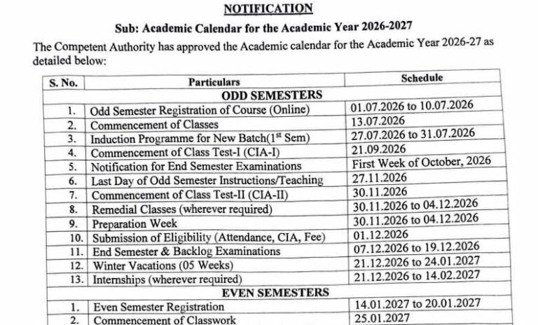 Central University of Kashmir Academic Calendar 2026-27 Released: Complete Schedule for Odd & Even Semesters