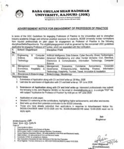 BGSBU Recruitment 2026: Baba Ghulam Shah Badshah University Invites Applications for Professor of Practice Posts