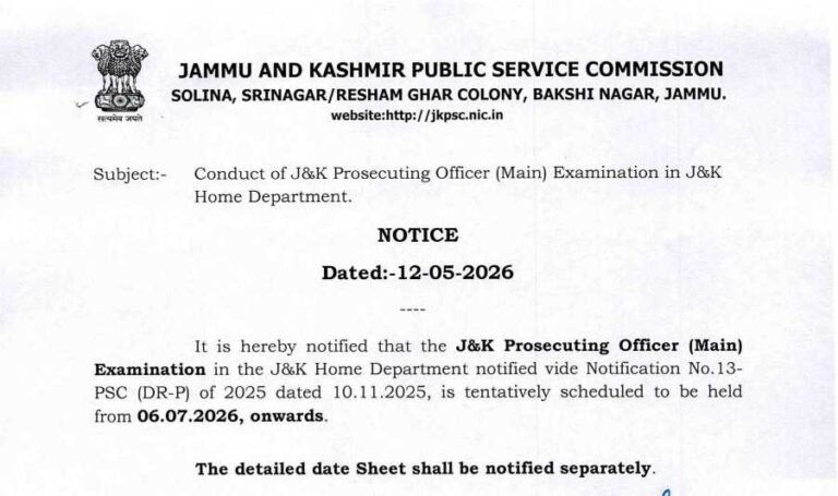 JKPSC Prosecuting Officer (Main) Examination 2026 Scheduled From July 6; Date Sheet to Be Issued Separately