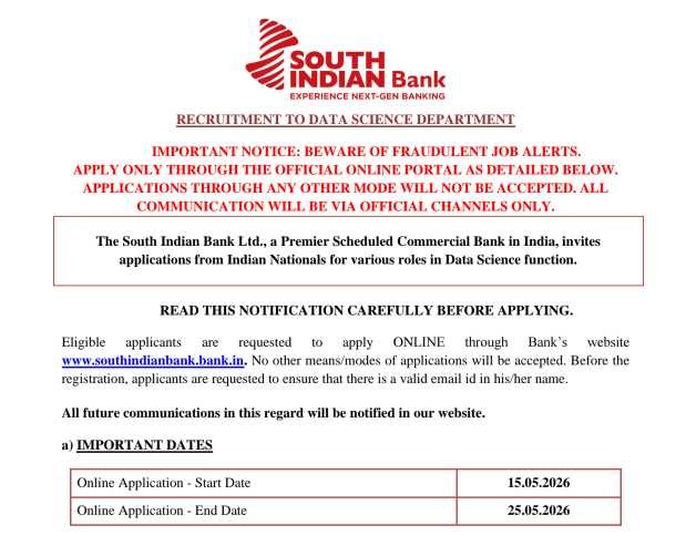 South Indian Bank Data Science Recruitment 2026: Apply Online for Junior Data Analyst, SQL Developer and BI Developer Posts