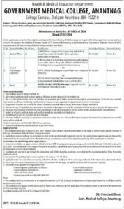 GMC Anantnag Recruitment 2026: Apply for Medical Officer, Clinical Psychologist & Nurse Posts