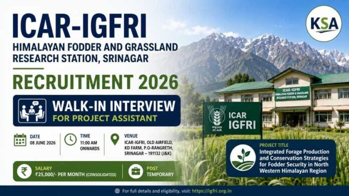 ICAR-IGFRI Srinagar Recruitment 2026: Walk-In Interview for Project Assistant Post