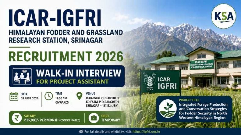 ICAR-IGFRI Srinagar Recruitment 2026: Walk-In Interview for Project Assistant Post